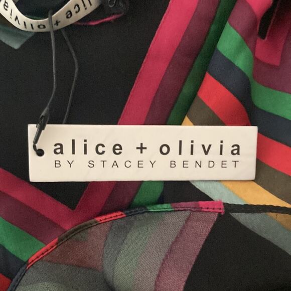 Alice + Olivia Rainbow Chevron Stripe LEXA Belted Fit & Flare Midi Dress Size 0 - Picture 6 of 10